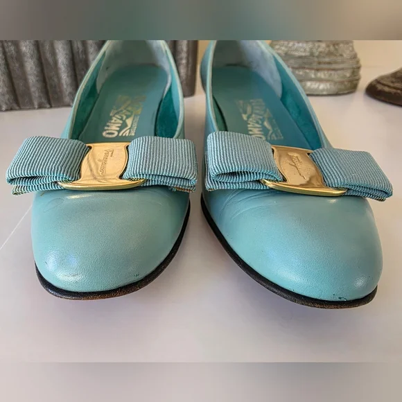 Salvatore Ferragamo Vara Bow Low Heel Turquoise  Leather Vintage Italy-SZ 5.5B - Picture 5 of 15